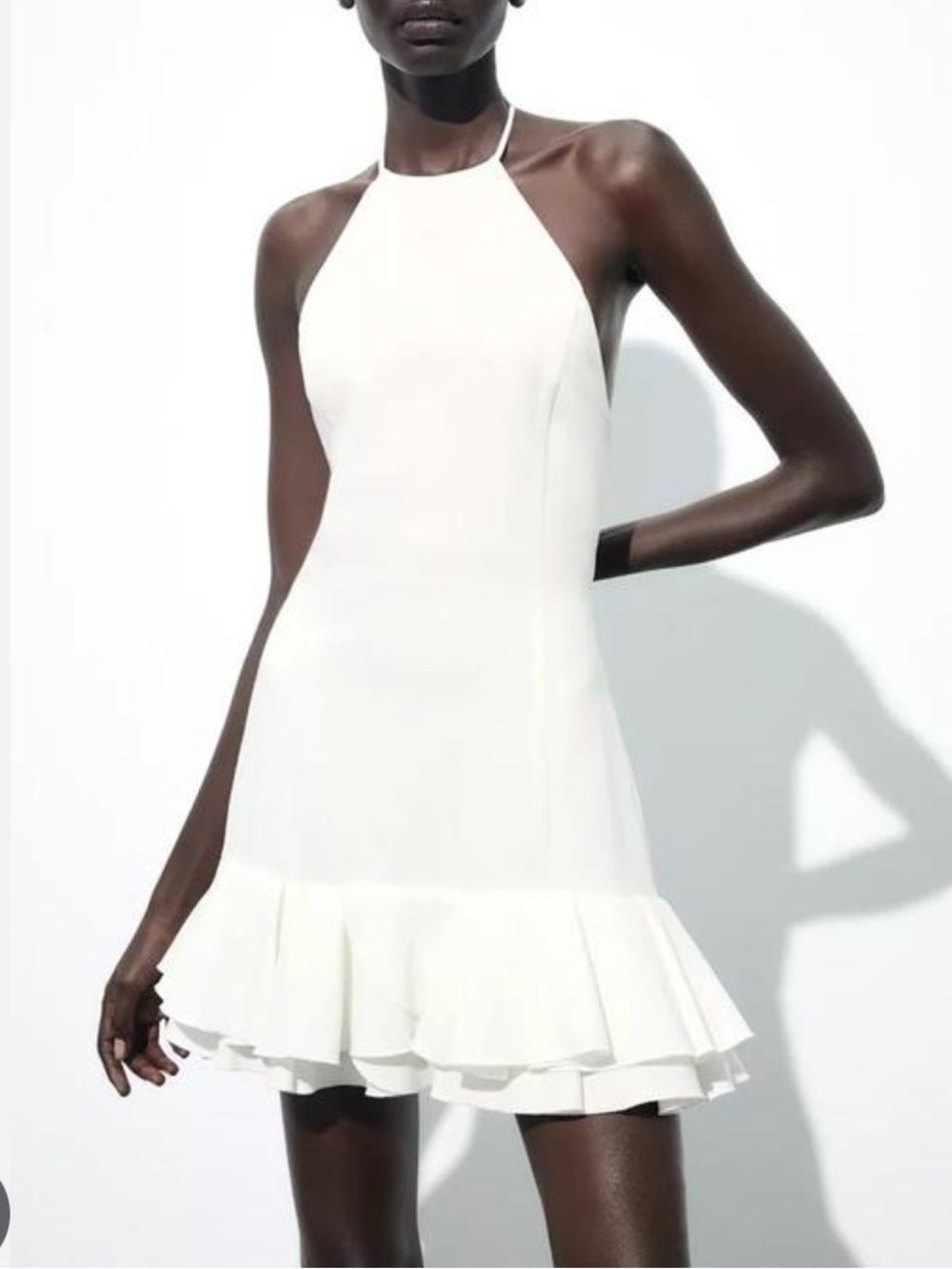 Zara White Halter Ruffle-Hem Mini Dress | M
